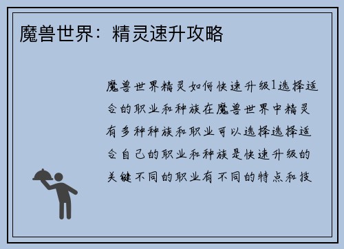 魔兽世界：精灵速升攻略